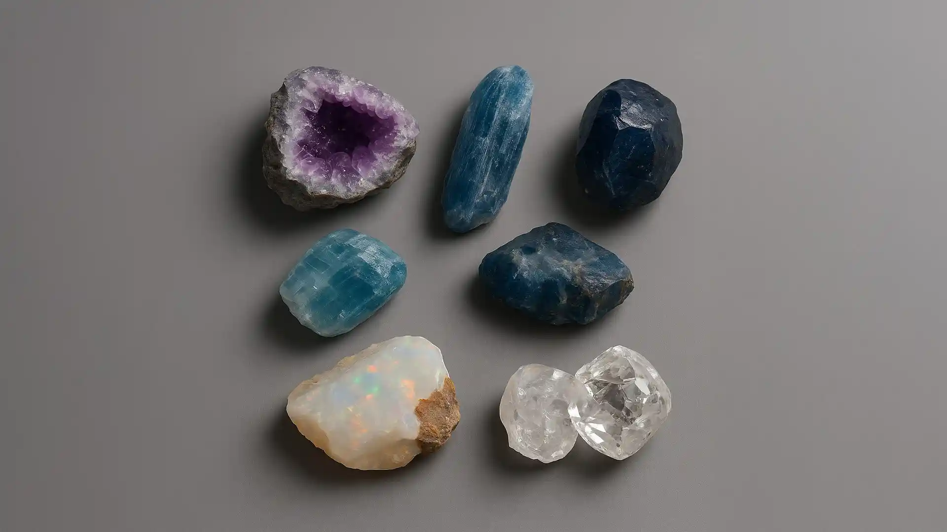 Natural stones in purple, blue, and white